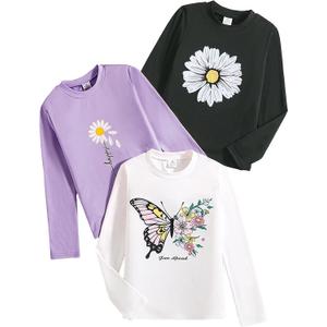 VeryNew 3-Pack Girls Long Sleeve T-Shirt for Fall, Soft Cotton Toddler Top, Cute Graphic Tee for Kids (10 Years, Black+Purple+White)
