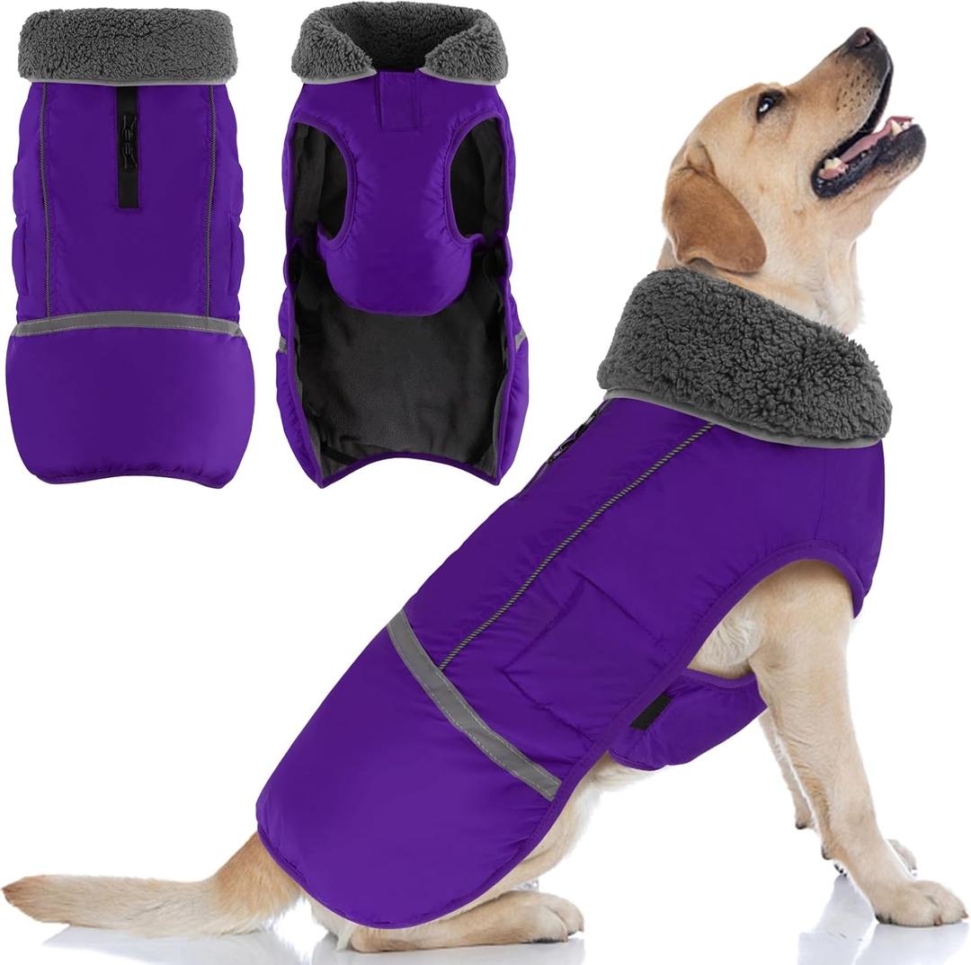 Doglay Dog Coat, Waterproof Dog Jacket Pet Winter Coat for Cold Weather with Thicken Furry Collar, Reflective Puppy Winter Jacket Warm Fleece Lining for Small Medium Large Pets (XL(Chest : 24.41-33.46" , Back : 19.68"), Purple)