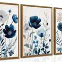 DUWQU 3 Pcs Blue Floral Canvas Wall Art, Wood Framed Navy Blue Wildflower Lily Daisy Wall Decor, Watercolor Botanical Flower Home Poster Art Prints for Living Room Bedroom Bathroom 1216 Inches