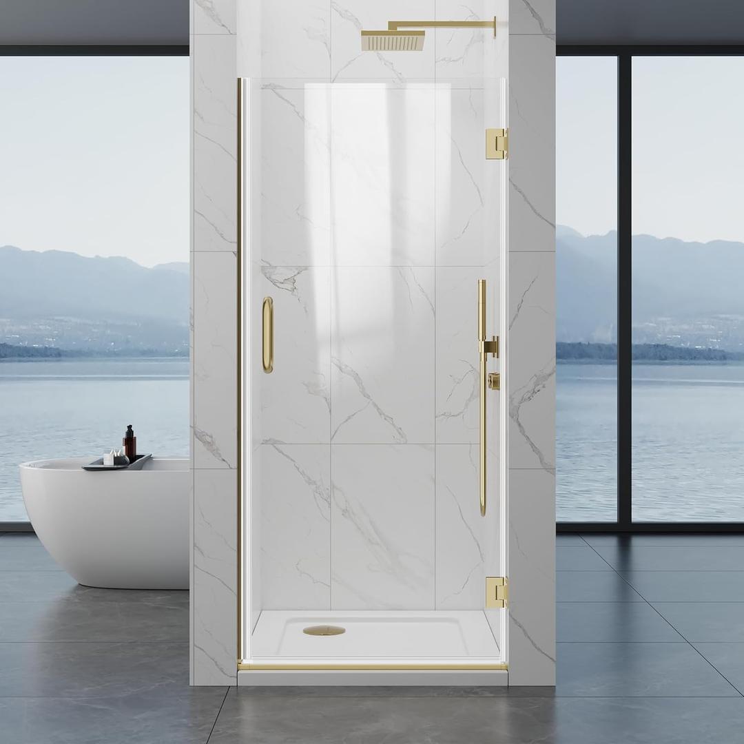 Hinged Shower Door, 32" W x 76" H Single Swing Pivot Framelss Shower Door, 3/8" (10mm) Tempered Glass with Nano Coating, Stainless Handle, Glass Door for Walk-in Shower - Brushed Gold