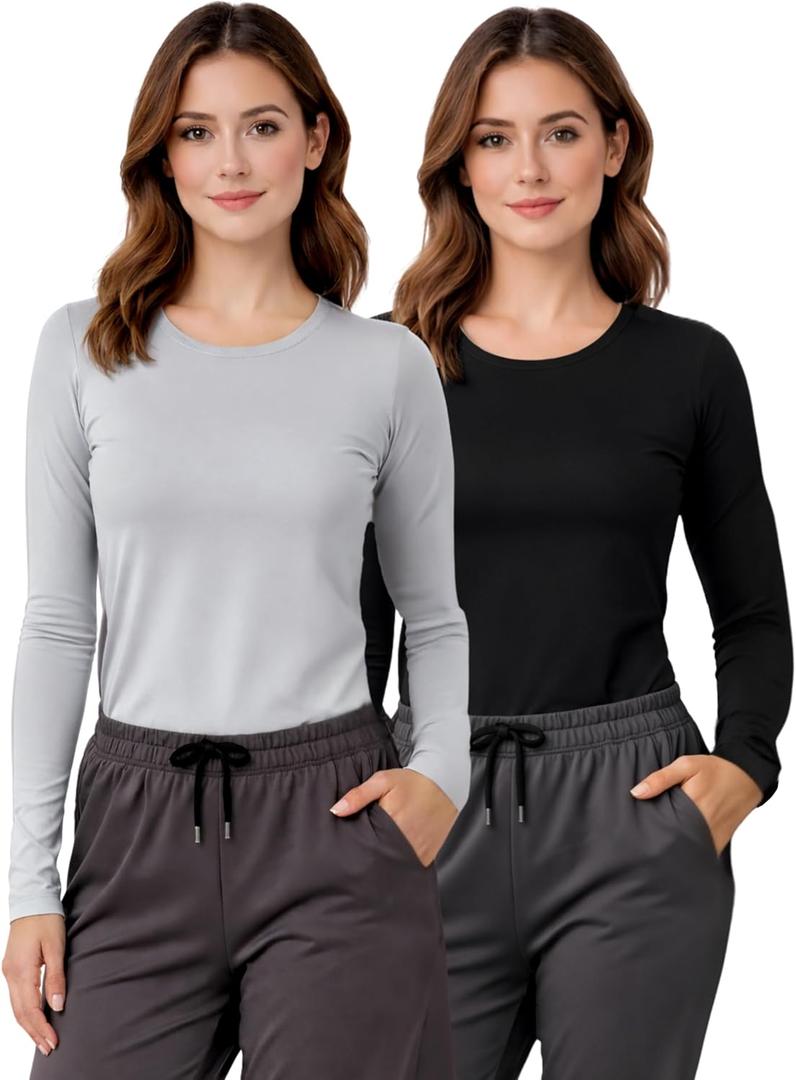 Nautica Underscrub Long Sleeve Women 2 Pack  Soft Scrub Undershirts for Nurses, Crew Neck Comfort Tee (Medium, Black/Lightgrey)