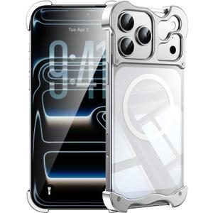 for iPhone 17 Pro Max Case Metal Frameless Detachable 4 Corner Airbag Compatible with MagSafe Slim Bumper Grade Shockproof Protector Cover with Camera Protection for iPhone 17 Promax White