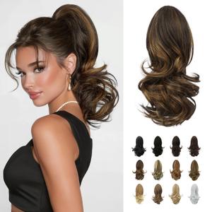 SOFEIYAN 13" Ponytail Extension Long Curly Ponytail Clip in Claw Hair Extension Natural Looking Synthetic Hairpiece for Women, Dark Brown/Golden Auburn