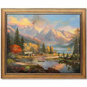 Gold Framed Vintage Wall Art Nature Mountain Landscape Painting Canvas Print Bedroom Kitchen Living Room Farmhouse Wall Decor (Cabin, 16" L x 12" W)