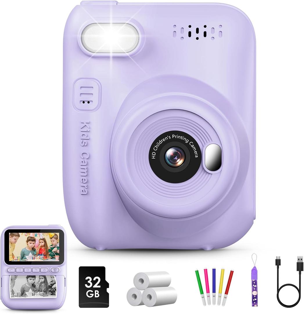 Kids Instant Print Camera, 3.0-inch HD Screen 32MP Photo Instant Digital Camera Christmas Birthday Gifts Toys for Children Girls Boys Age 3-12 - Purple