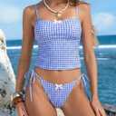 seamoly Womens Tankini Sets Sexy Open Back High Cut Cheeky Bikini Two Piece Swimsuit 2 Piece Bathing Suits Sky Blue Gingham S (S)