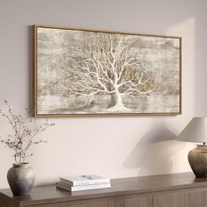 Framed Vintage Tree of Life Wall Art, Neutral Rustic Farmhouse Tree Canvas Painting Print Artwork for Walls, Gray White Beige Modern Abstract Forest Picture for Living Room Bedroom Office Wall Decor (40"L x 20"W)
