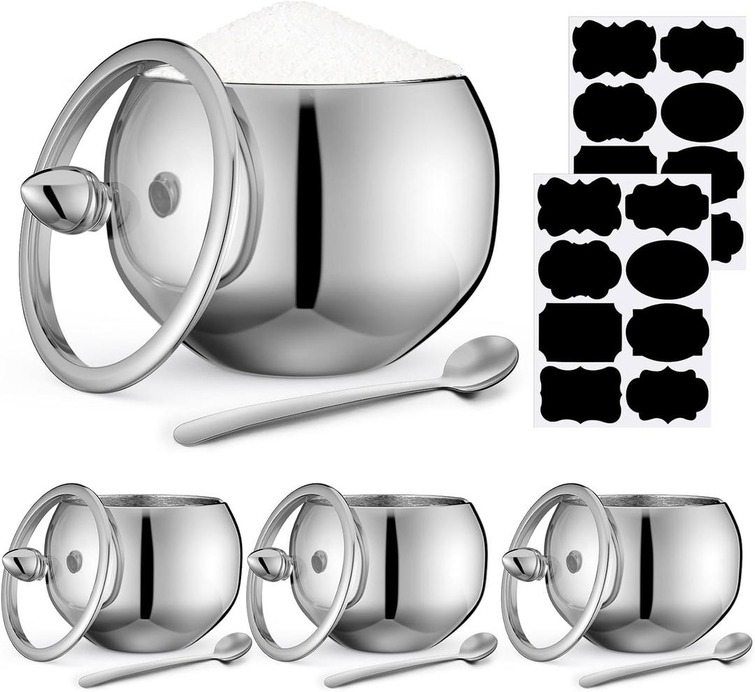Baderke 4 Sets 16 oz Stainless Steel Sugar Bowl with Lid and Spoon Sugar Container with Tag Sugar Bowl Salt Container with Clear Glass Lid Small Condiment Container for Home and Kitchen Storage