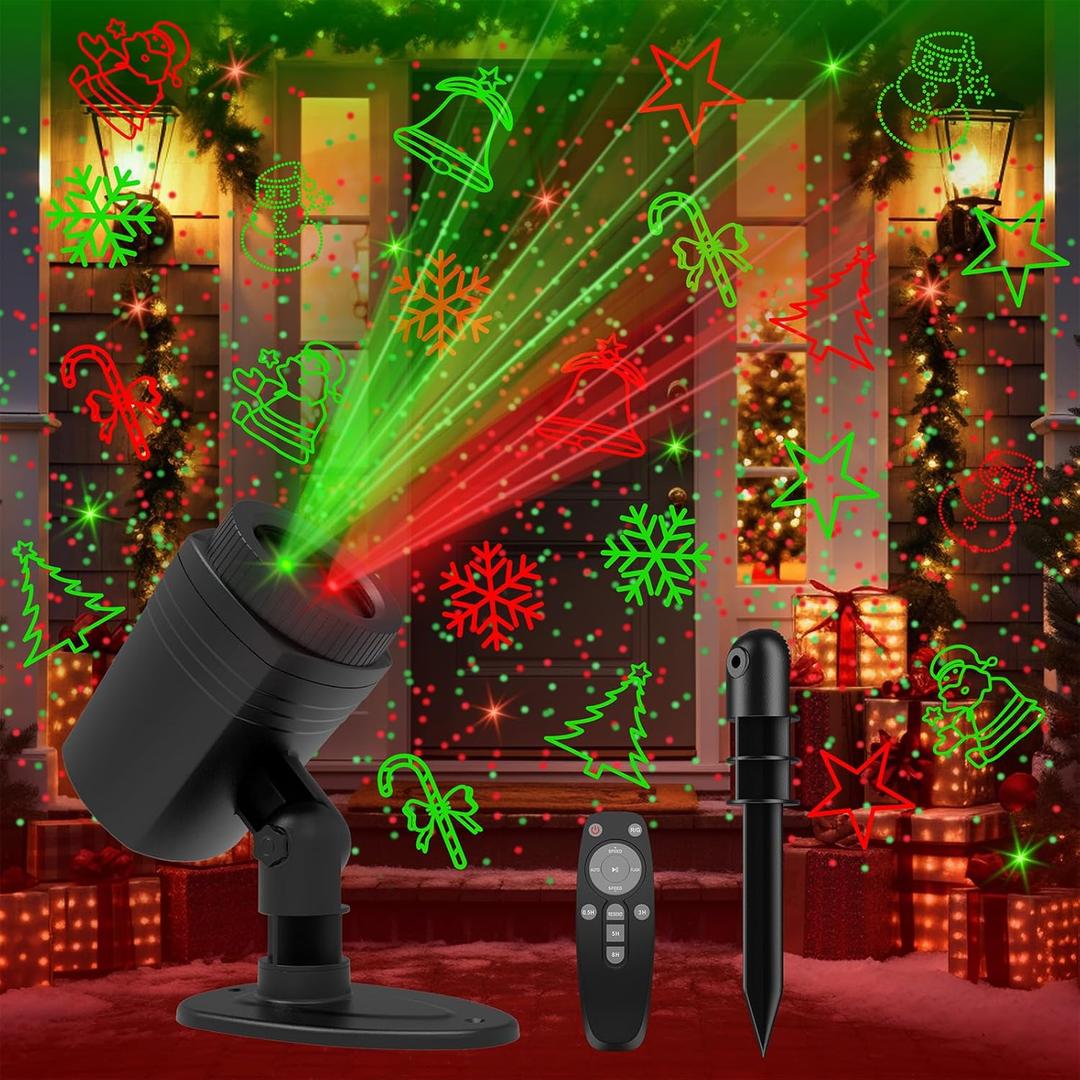 Christmas Projector Lights Outdoor, Laser Lights Outdoor with 8 Christmas Patterns, 2 Colors, Remote & Timer, Waterproof Light Projector for Indoor Outdoor Holiday Decoration