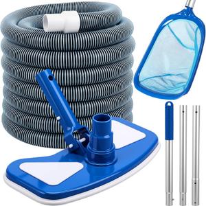4 Pcs Swimming Pool Vacuum Kits 11.8" Vacuum Head with 1-1/2" x 29.5 ft Hoses, 13.7ft Pole and 17" Skimmer Net Flexible Head with Wheels for Above Ground Inground Hot Tub Cleaning Tool