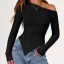 Zenlonr Womens Long Sleeve Shirts Fall Outfits 2025 Off The Shoulder Tops Asymmetrical Fitted Knit T Shirts Going Out Tops (Black, S)