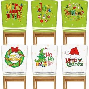 Buryeah 6 Pcs Christmas Chair Back Covers 6 Styles Removable Washable Stretch Dining Room Slip Covers Parson Chair Protector for Christmas Decorations Home Party 23.6'' x 19.7'' (Elegant Style)
