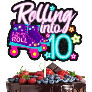 "Rolling into" cake topper roller skating theme 10th birthday happy roller skates decoration, boy and girl birthday party, club hip hop party, or disco party decoration, birthday gift for kids.LIANGSS