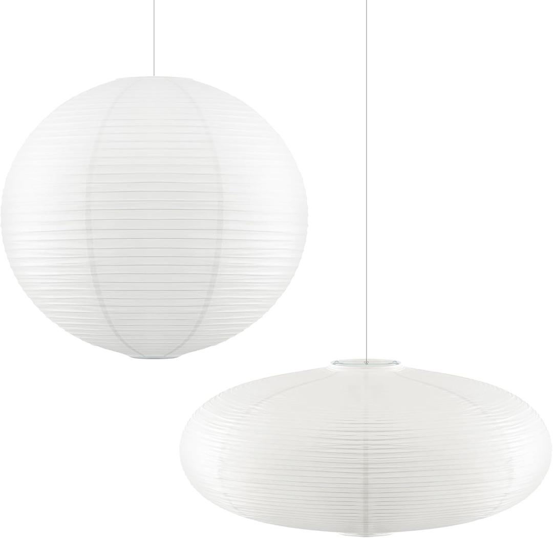 Fuyoooo 2 Pcs Chinese Paper Lanterns 20 Inch White Lampshade, Large Round and Oblate Pendant Lamp Shade, Rice Paper Lampshade Ceiling Foldable light shade for Interior Home Decoration