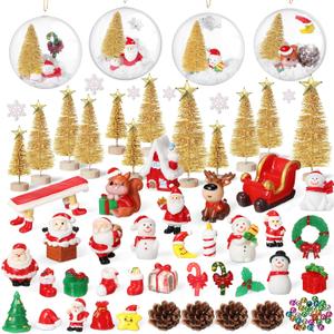 Roowest 96 Pcs Miniature Ornaments for Snow Globe Kit DIY Christmas Village Decoration Christmas Figurines Mini Ornaments with Snowman Reindeer Santa Claus Snowflake(Gold)