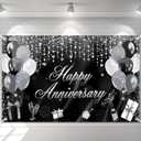 Avezano Happy Anniversary Banner Glitter Happy Anniversary Decorations for Wedding Bridal Shower Party Decorations 70.8 x 43.3 Inch (Black and Silver)