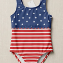 RuffleButts Girls UPF50+ Sun Protection Flounce Bikini One Piece Swimsuit - Shimmer Stars & Stripes, 12-18M