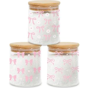 3 Pcs Pink Bow Glass Storage Jars with Airtight Lids Pink Bow Candy Cookie Jars Gift Cute Preppy Kitchen Canister Set for Women Girls Cute Kitchen Counter Decor Airtight Candy Cookie Containers