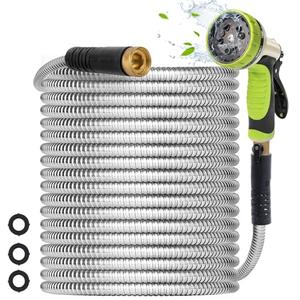 Higen Metal Garden Hose 100FT - Heavy Duty Stainless Steel Metal Water Hose With 10 Function Nozzle, Lightweight, No Kink, Durable and Leak Proof Flexible Garden Hose for Yard, Outdoor