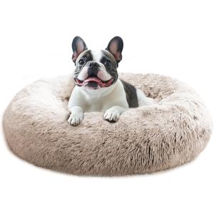 JOLLYVOGUE Calming Dog & Cat Bed for Small Dogs, Anti-Anxiety Donut Cuddler Cozy Soft Round Bed with Anti-Slip Bottom, Fluffy Faux Fur Plush Cushion Beds for Small Medium Dogs (20") (Cream Brown)
