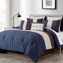 Chezmoi Collection Loft 8-Piece King Comforter Set, Midnight Blue/Brown/Coffee Cream Luxury Striped Bedding for All Season