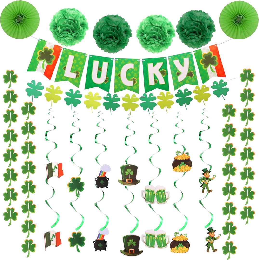 2 x 40ct St. Patrick's Day Decorations Kit, Hanging Swirls, Banner, Shamrock Garlands for St. Patrick's Day Decor, Saint Patrick's Day Party Favor