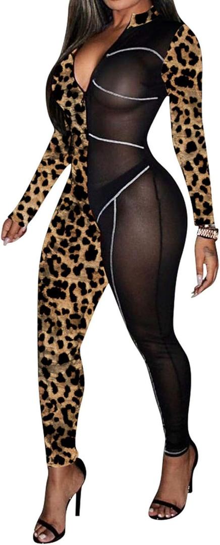 Uni Clau Women See Through Bodycon Jumpsuit - One Piece Deep V Neck Outfits Sheer Mesh Leopard Clubwear Jumpsuit Rompers (Medium)