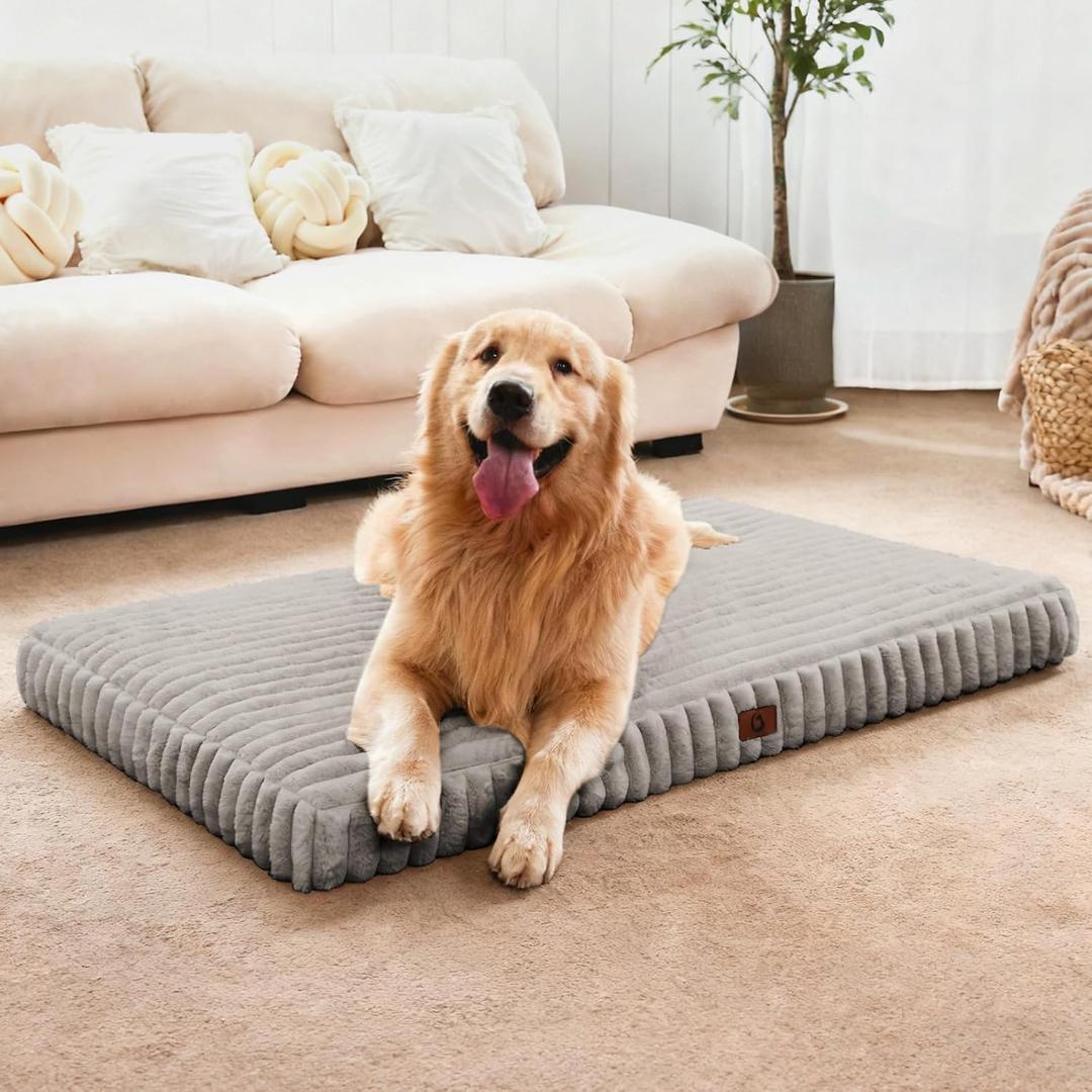 Large Orthopedic Dog Crate Bed with Waterproof Lining, Soft Short Plush Surface & Egg Crate Foam for Calming Puppy, Machine Washable Pet Bed with Removable Cover & Anti Slip Bottom (L-Crate(35"*22"*3"), Light Grey)