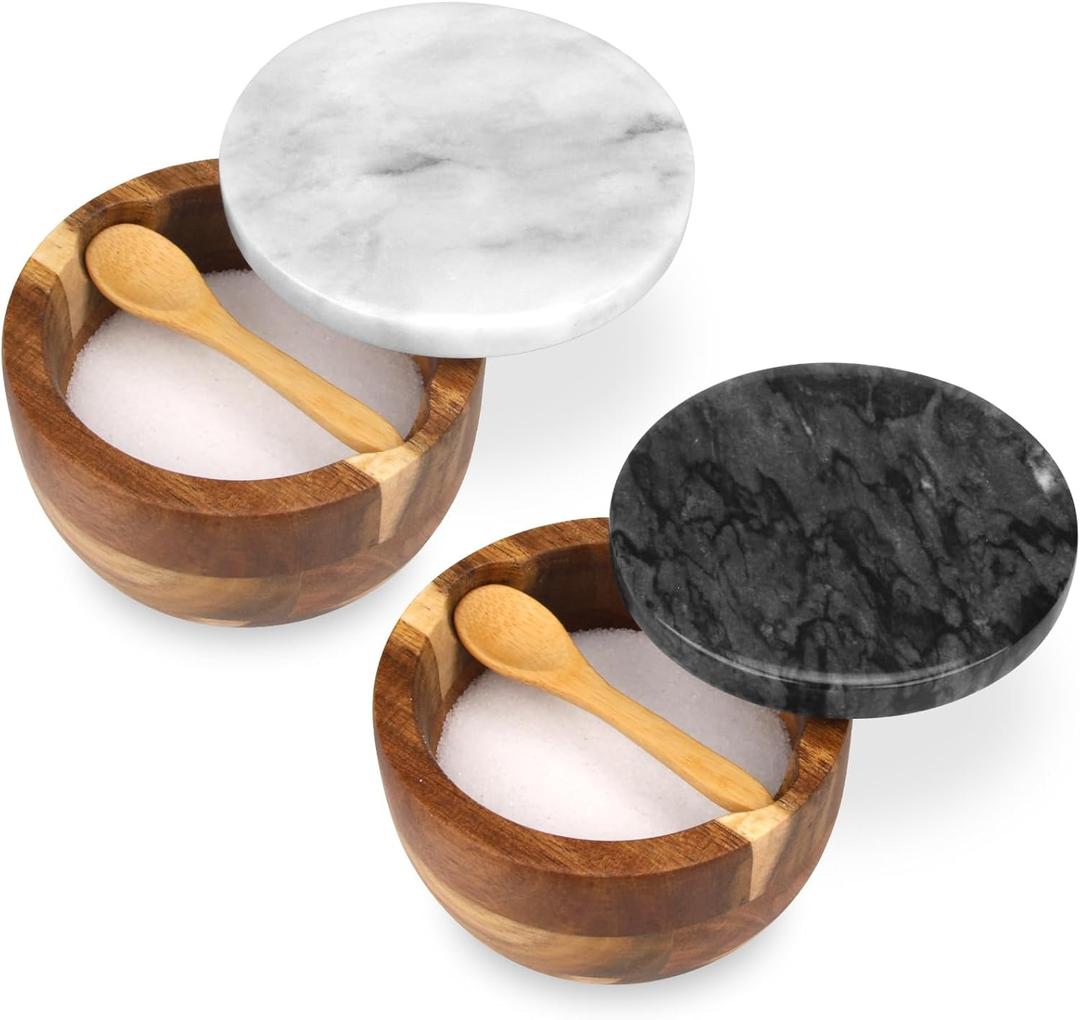Salt Cellar Box with Lid & Spoon, Modern White Stone Salt or Pepper Sugar Spice Seasoning Bowl Container Jar Holder Well Keeper Dish Pig Crock for Kitchen (Marble Lid Set)