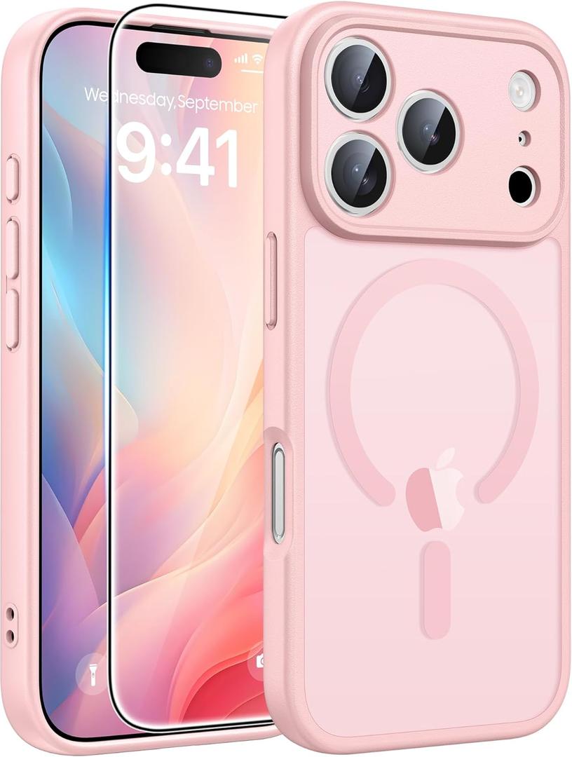 FNTCASE for iPhone 17 Pro-Max Case: [Compatible with Magsafe] Translucent Matte Cases with [Full Camera Protection] [Screen Protector] Military Grade Shockproof Protective Phone Cover - Light Pink