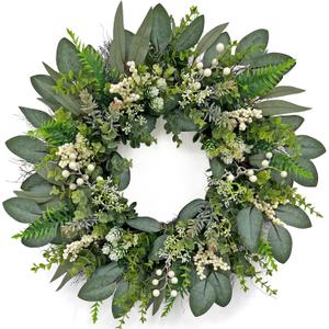 24 Inch Greenery Wreaths for Front Door  Artificial Eucalyptus Wreath with White Berries and Mixed Green Leaves, Year-Round Farmhouse Indoor Outdoor Door Wreath for Spring Summer Home Decor