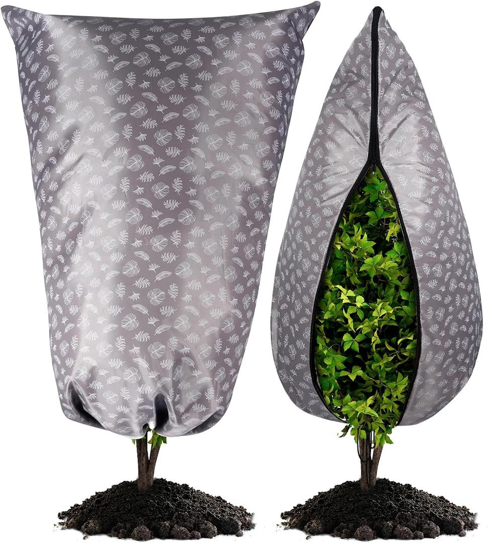 DOUBFIVSY 2 Packs Plant Covers Freeze Protection, 3 Layers Frost Covers with Zipper Drawstring(31.5" x 47.3"), 2.5oz/yd Reusable Frost Bags for Outdoor Winter Frost Cold Weather Shrubs Trees Jacket