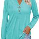 Women Button Down Henley Shirts V Neck Long Sleeve Fashion Dressy Casual Tops Trendy Blouses Loose Fit Tunic (Blue, XL)