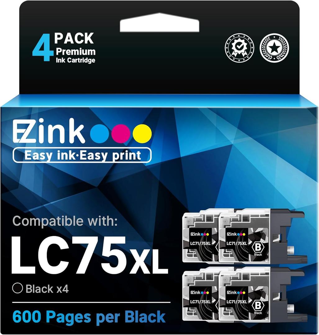 E-Z Ink Compatible Ink Cartridge Replacement for Brother LC75XL High Yield Compatible with MFC-J6510DW MFC-J6710DW MFC-J6910DW MFC-J280W MFC-J425W (Black, 4 Pack)
