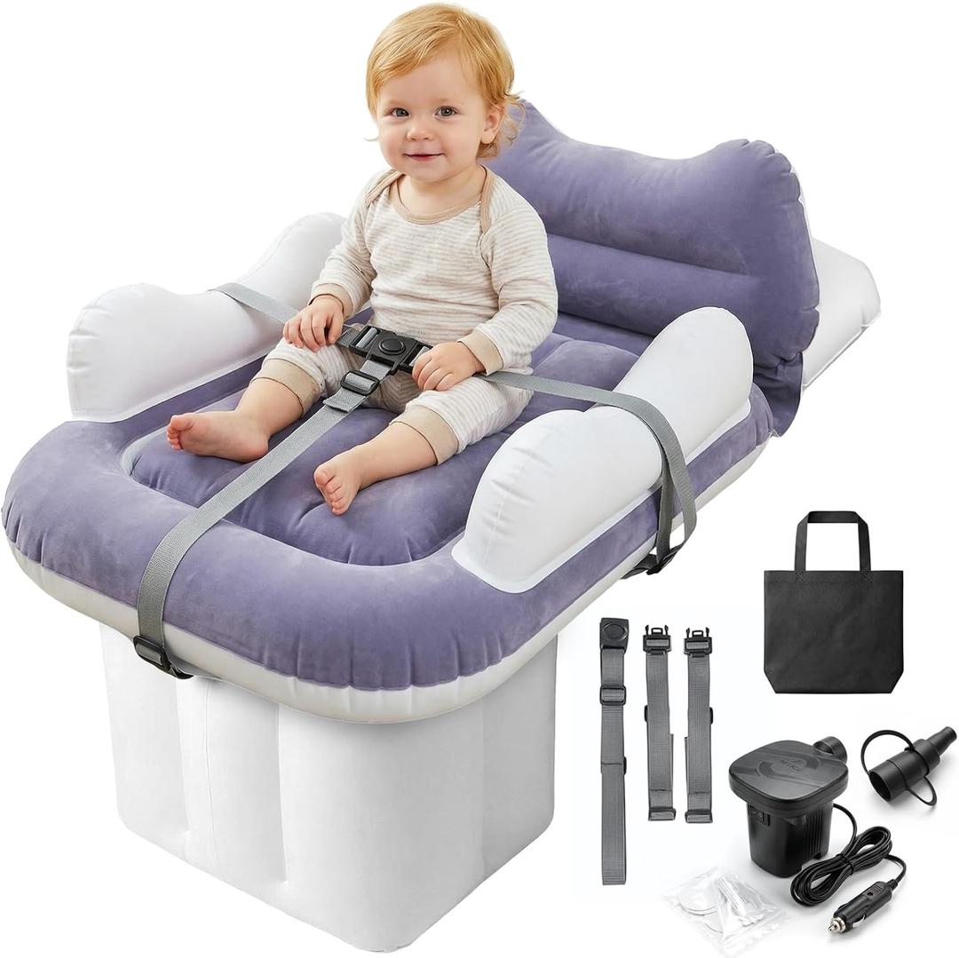 Inflatable Toddler Airplane Bed, Seat Extender for Kids with Cup Holder, Adjustable Dual-Chamber Design, Portable Travel Bed with Hand Pump & Carry Bag, Fits Most Economy Rows (Use Per Airline Policy)