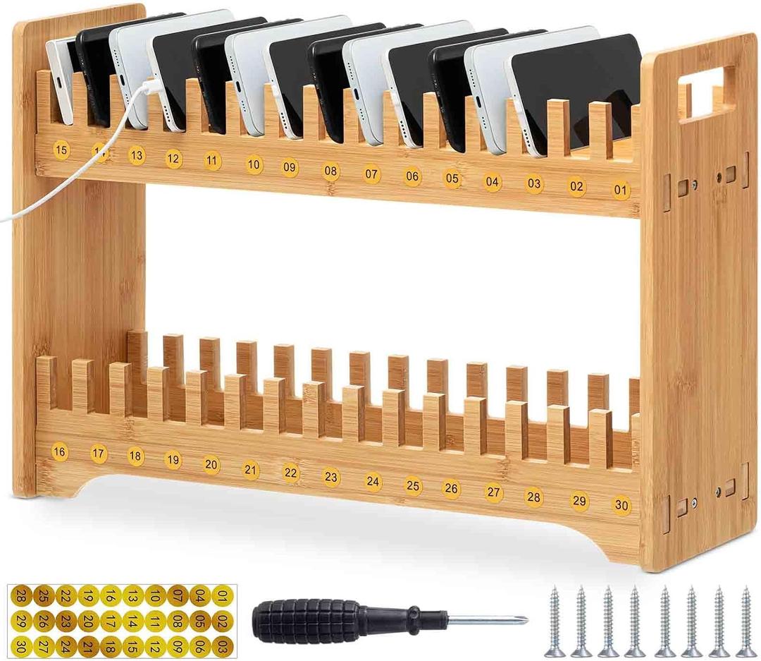 Cinnvoice Bamboo Cell Phone Holder Classroom Heavy Duty Widened 30 Slots 2-tier Wooden Cell Phone Storage Organizer Rack with 1-30 Number Stickers, Screwdriver and Screws for Classroom Office Desktop