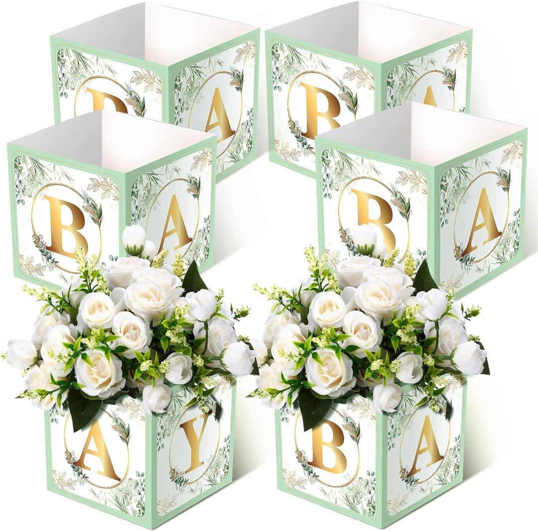 Bucherry 6 Pcs Baby Shower Flower Boxes Baby Shower Centerpieces for Tables Display with Letters Gender Reveal Party Favor Block Holder(Green,Sage Green Leaf)
