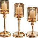 Gold Hurricane Candle Holders - Set of 3 Tall Candlestick Holders Windproof Taper Candle Holders, Metal Stand for Table Centerpiece Outdoor Indoor Wedding Party Holiday Decor