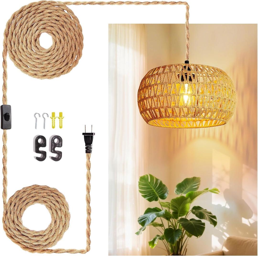 Hanging Lamps Rattan Pendant Light Hanging Lights 16.4ft Plug in Cord Pendant Light Fixture Plug Into Wall Outlet Pendant Lighting with On Off Switch for Bedroom Living, 12.6 Inch-drum Shade
