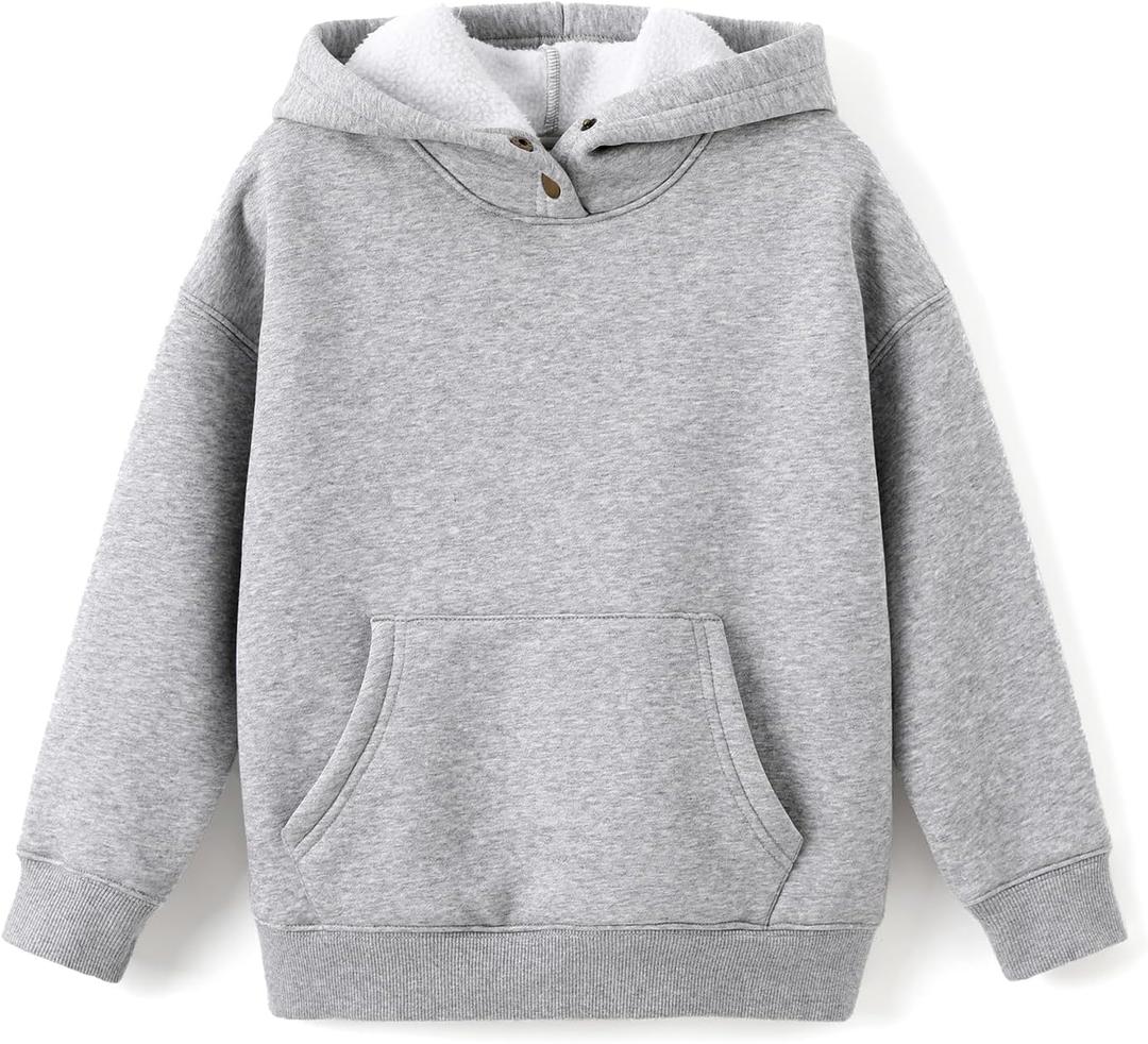 PATPAT Boys Thermal Hoodie, Cotton Fleece Pullover Sweatshirt with Kangaroo Pocket, Solid Color, Ages 6-12 (6-7 Years, Grey)