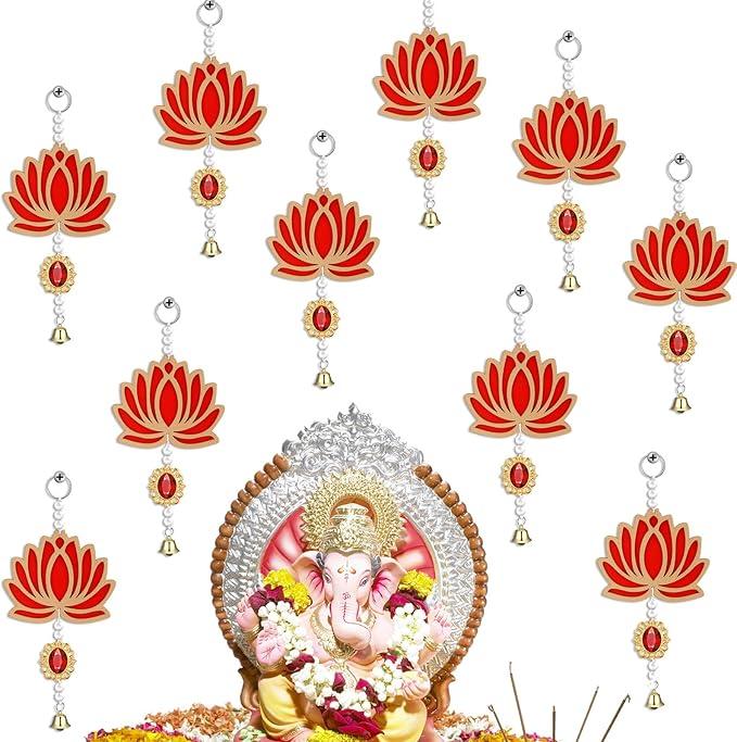 10 Pcs Lotus Decorations for Pooja Diwali Floral Wall Hanging Garlands for Temple Decor Indian Pooja Wood Decoration Back Dropper Showpiece for Diwali Home Wall Room Decor(Bell Style)