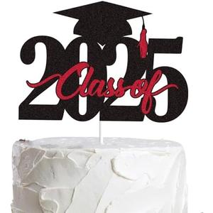 LINGBOOM Class of 2025 Graduation Cake Topper Black Red Glitter Congrats Grad Cake Decorations Congratulations Grad 2025 Party Supplies (Red) Set of 3
