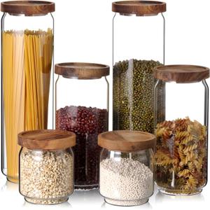 SiliFine 6 Set Glass Pantry Storage Jar with Acacia Airtight Lid 3 Size Glass Storage Container Jar for Pasta Spaghetti Cereal Coffee Bean Flour Sugar Rice, 17oz, 35oz, 53oz (Wood Lid)