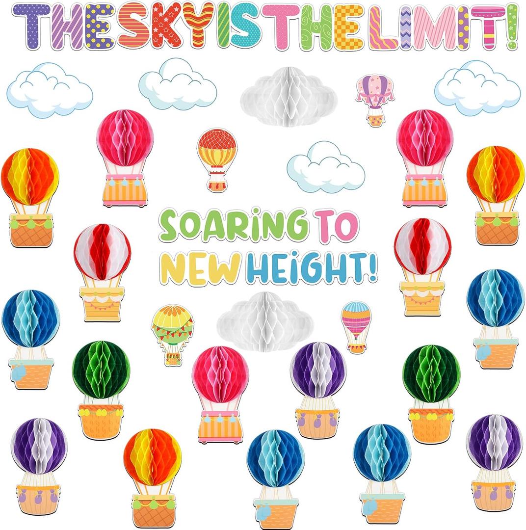 Crtiin 3D Hot Air Balloon Honeycomb Bulletin Board Set for School Classroom Decoration, Balloon Artcraft Cutouts with Honeycomb for Back to School Kindergarten Decor The Sky Is The Limit (Cute)