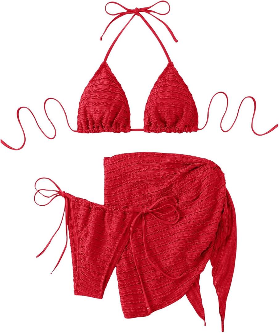 GORGLITTER Women's 3 Piece Swimsuits Halter Triangle String Bikini Set with Beach Skirt Swimwear Set (Medium, Red)