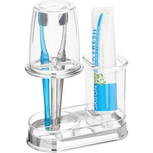 mDesign Plastic Toothpaste and Toothbrush Holder Center with Cup/Cover - Organizer for Bathroom Vanity Countertop - Holds Paste, Floss, Accessories - Hyde Collection - Clear