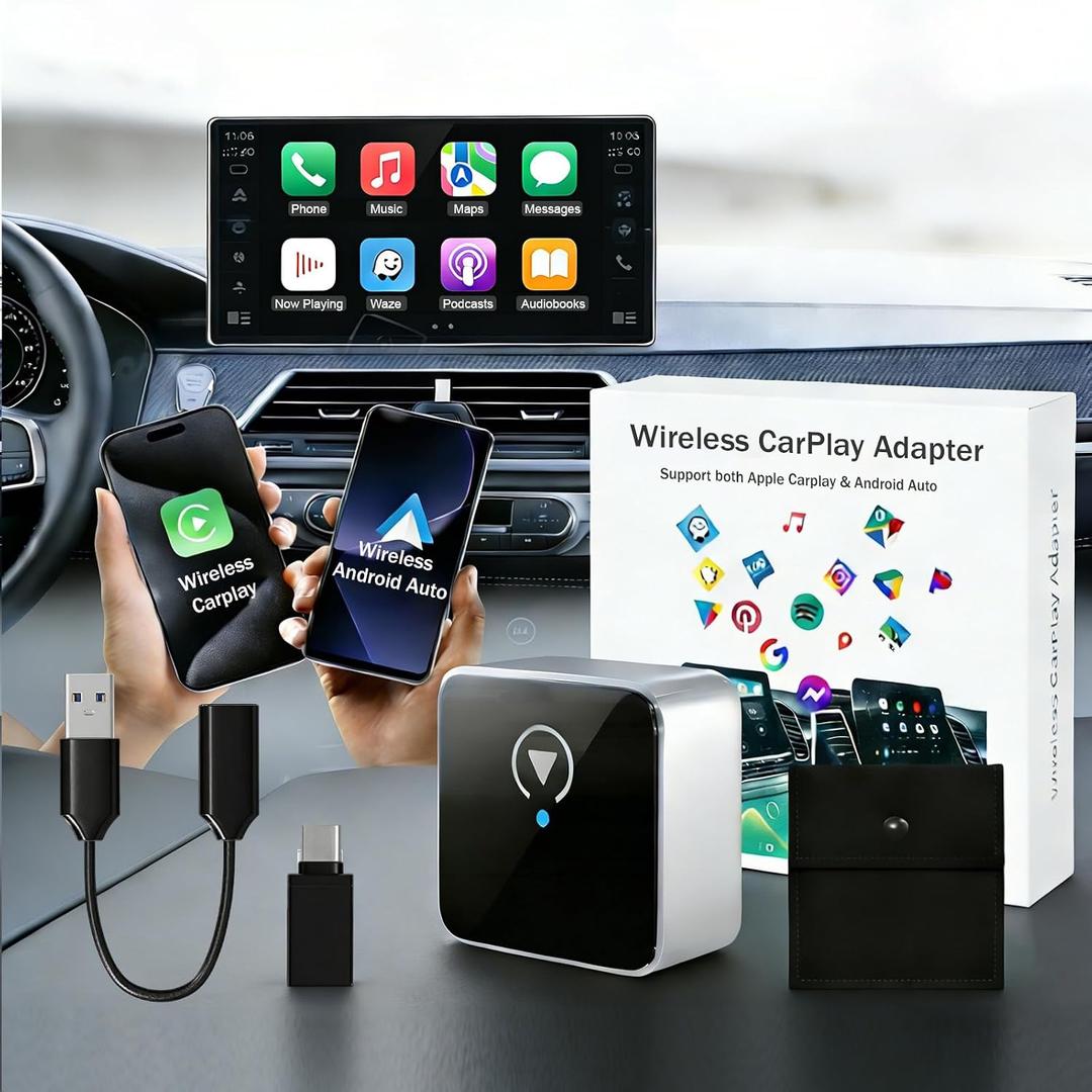 Wireless CarPlay Adapter for Apple iPhone & Android Auto, Wireless Adapter 2026 Upgraded Mini Bluetooth CarPlay 2-in-1 Car Audio & Video Accessories, Compatible with iOS 10+ Android 11+