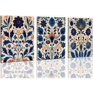 3 Pcs Blue Boho Flower Canvas Wall Art, Floral Painting Poster Wall Decor,Wildflower Botanical Picture for Wall Living Room Bathroom Bedroom Home Decoration 12 * 16 in Framed