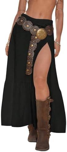 SHENHE Women's Boho Western Low Rise Maxi Skirt Ruffle High Slit Country Cowgirl Skirts M
