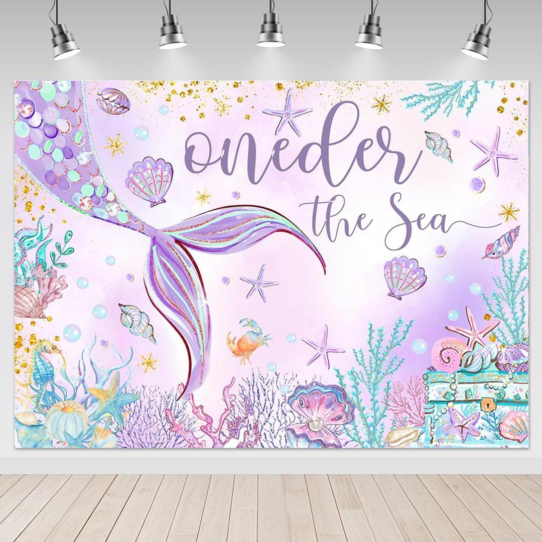 Mocsicka Oneder The Sea 1st Birthday Backdrop 7x5ft Purple Mermaid Under The Sea Happy First Birthday Party Decorations for Girls Starfish Shell Seaweed Photography Background